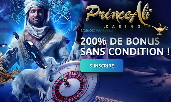 Interface promotionnelle du Prince Ali Casino montrant des tours gratuits et un bonus de bienvenue
