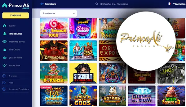 Interface du site web Prince Ali Casino